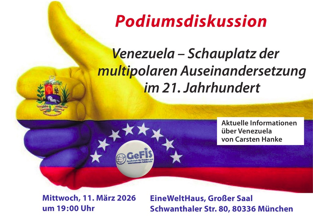 Ilustration einer Hand in den Flaggenfarben Venezuela – Schauplatz der multipolaren Auseinandersetzung im 21.Jahrhundert  Eine Analyse der politischen Situation nach der Aggression der Trump-Regierung  Der Referent Carsten Hanke beleuchtet die jüngere Geschichte Venezuelas